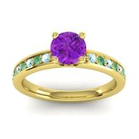 Amethyst Ring In 18k Yellow Gold With Aquamarine And Emerald Asada-Pave Round Classic Ring