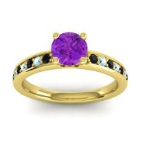 Amethyst Ring In 18k Yellow Gold With Black Onyx And Aquamarine Asada-Pave Round Classic Ring