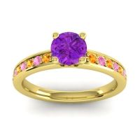 Amethyst Ring In 18k Yellow Gold With Citrine And Pink Tourmaline Asada-Pave Round Classic Ring