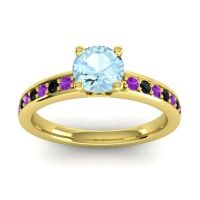 Aquamarine Ring In 18k Yellow Gold With Amethyst And Black Onyx Asada-Pave Round Classic Ring