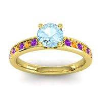 Aquamarine Ring In 18k Yellow Gold With Amethyst And Citrine Asada-Pave Round Classic Ring