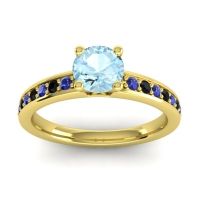 Aquamarine Ring In 14k Yellow Gold With Blue Sapphire And Black Onyx Asada-Pave Round Classic Ring