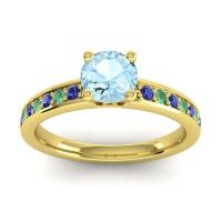 Aquamarine Ring In 14k Yellow Gold With Blue Sapphire And Emerald Asada-Pave Round Classic Ring