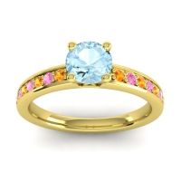 Aquamarine Ring In 18k Yellow Gold With Citrine And Pink Tourmaline Asada-Pave Round Classic Ring