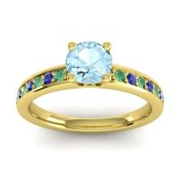 Aquamarine Ring In 14k Yellow Gold With Emerald And Blue Sapphire Asada-Pave Round Classic Ring