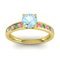 Aquamarine Ring In 14k Yellow Gold With Pink Tourmaline And Emerald Asada-Pave Round Classic Ring