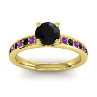 Black Onyx Ring In 18k Yellow Gold With Amethyst Asada-Pave Round Classic Ring
