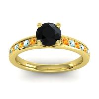 Black Onyx Ring In 18k Yellow Gold With Citrine And Aquamarine Asada-Pave Round Classic Ring