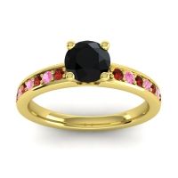 Black Onyx Ring In 18k Yellow Gold With Garnet And Pink Tourmaline Asada-Pave Round Classic Ring
