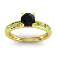 Black Onyx Ring In 18k Yellow Gold With Peridot And Lab Diamond Asada-Pave Round Classic Ring