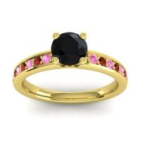 Black Onyx Ring In 18k Yellow Gold With Pink Tourmaline And Garnet Asada-Pave Round Classic Ring