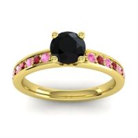 Black Onyx Ring In 18k Yellow Gold With Pink Tourmaline And Ruby Asada-Pave Round Classic Ring