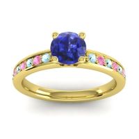 Lab Blue Sapphire Ring In 14k Yellow Gold With Aquamarine And Pink Tourmaline Asada-Pave Round Classic Ring