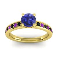 Lab Blue Sapphire Ring In 14k Yellow Gold With Black Onyx And Amethyst Asada-Pave Round Classic Ring