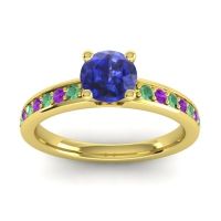 Lab Blue Sapphire Ring In 18k Yellow Gold With Emerald And Amethyst Asada-Pave Round Classic Ring