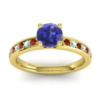 Blue Sapphire Ring In 14k Yellow Gold With Garnet And Aquamarine Asada-Pave Round Classic Ring