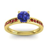 Lab Blue Sapphire Ring In 14k Yellow Gold With Garnet And Ruby Asada-Pave Round Classic Ring