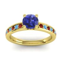 Lab Blue Sapphire Ring In 14k Yellow Gold With Garnet And Swiss Blue Topaz Asada-Pave Round Classic Ring