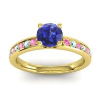 Lab Blue Sapphire Ring In 18k Yellow Gold With Pink Tourmaline And Aquamarine Asada-Pave Round Classic Ring
