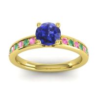 Lab Blue Sapphire Ring In 14k Yellow Gold With Pink Tourmaline And Emerald Asada-Pave Round Classic Ring