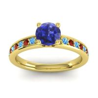 Lab Blue Sapphire Ring In 18k Yellow Gold With Swiss Blue Topaz And Garnet Asada-Pave Round Classic Ring
