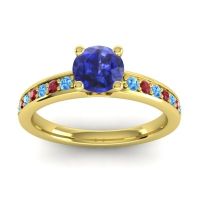 Lab Blue Sapphire Ring In 14k Yellow Gold With Swiss Blue Topaz And Ruby Asada-Pave Round Classic Ring