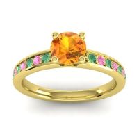 Citrine Ring In 14k Yellow Gold With Emerald And Pink Tourmaline Asada-Pave Round Classic Ring