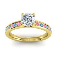 Lab Diamond Ring In 14k Yellow Gold With Pink Tourmaline And Swiss Blue Topaz Asada-Pave Round Classic Ring