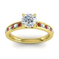 Lab Diamond Ring In 14k Yellow Gold With Ruby And Aquamarine Asada-Pave Round Classic Ring