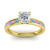 Lab Diamond Ring In 18k Yellow Gold With Swiss Blue Topaz And Pink Tourmaline Asada-Pave Round Classic Ring