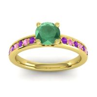 Emerald Ring In 18k Yellow Gold With Amethyst And Pink Tourmaline Asada-Pave Round Classic Ring