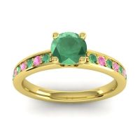 Emerald Ring In 18k Yellow Gold With Pink Tourmaline Asada-Pave Round Classic Ring