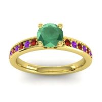 Lab Emerald Ring In 18k Yellow Gold With Garnet And Amethyst Asada-Pave Round Classic Ring