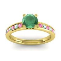 Emerald Ring In 14k Yellow Gold With Pink Tourmaline And Aquamarine Asada-Pave Round Classic Ring