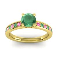 Emerald Ring In 14k Yellow Gold With Pink Tourmaline Asada-Pave Round Classic Ring