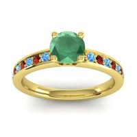 Emerald Ring In 14k Yellow Gold With Swiss Blue Topaz And Garnet Asada-Pave Round Classic Ring