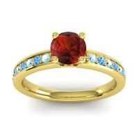 Garnet Ring In 18k Yellow Gold With Aquamarine And Swiss Blue Topaz Asada-Pave Round Classic Ring