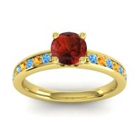 Garnet Ring In 18k Yellow Gold With Swiss Blue Topaz And Citrine Asada-Pave Round Classic Ring