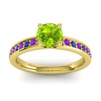 Peridot Ring In 18k Yellow Gold With Amethyst And Blue Sapphire Asada-Pave Round Classic Ring