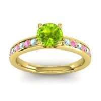 Peridot Ring In 18k Yellow Gold With Aquamarine And Pink Tourmaline Asada-Pave Round Classic Ring