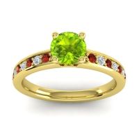 Peridot Ring In 18k Yellow Gold With Garnet And Lab Diamond Asada-Pave Round Classic Ring
