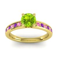 Peridot Ring In 18k Yellow Gold With Pink Tourmaline And Amethyst Asada-Pave Round Classic Ring