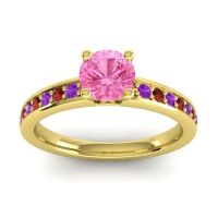 Pink Tourmaline Ring In 14k Yellow Gold With Amethyst And Garnet Asada-Pave Round Classic Ring