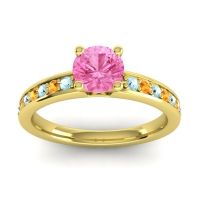 Pink Tourmaline Ring In 14k Yellow Gold With Aquamarine And Citrine Asada-Pave Round Classic Ring