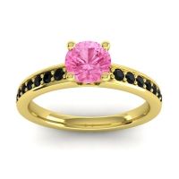 Pink Tourmaline Ring In 14k Yellow Gold With Black Onyx Asada-Pave Round Classic Ring
