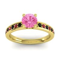 Pink Tourmaline Ring In 18k Yellow Gold With Black Onyx And Ruby Asada-Pave Round Classic Ring