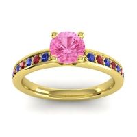 Pink Tourmaline Ring In 18k Yellow Gold With Blue Sapphire And Ruby Asada-Pave Round Classic Ring