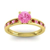 Pink Tourmaline Ring In 14k Yellow Gold With Garnet Asada-Pave Round Classic Ring