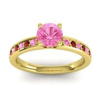 Pink Tourmaline Ring In 14k Yellow Gold With Garnet Asada-Pave Round Classic Ring