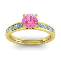 Pink Tourmaline Ring In 14k Yellow Gold With Swiss Blue Topaz And Lab Diamond Asada-Pave Round Classic Ring